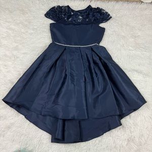 Rare Editions short sleeve lace embellished hi-lo party dress in navy blue